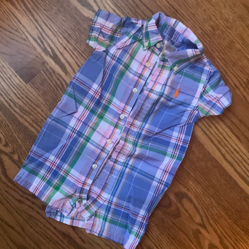 Ralph Lauren Baby Boy Plaid Blue Romper. Button Closure. Size 6 months.